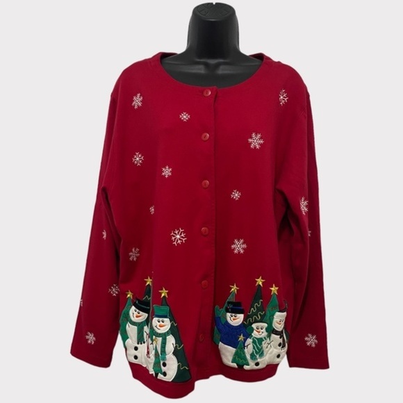 Bechamel Red Embroidered Snowman & Snowflakes Button Front Cardigan Size 2X - Picture 2 of 10